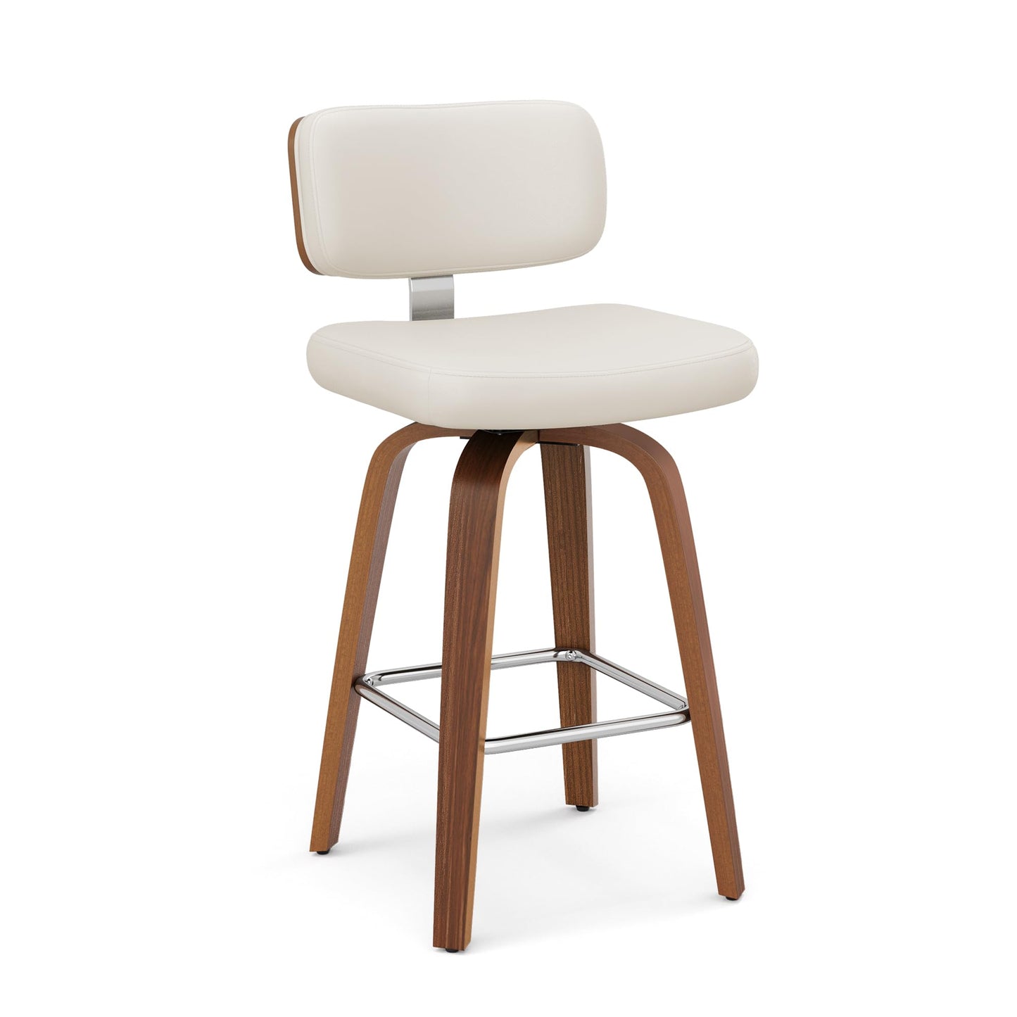 Cozyman Swivel Counter Height Bar Stools Set of 4, 26" Upholstered Seat Barstools with Back Walnut Wood Legs, Mid-Century PU Leather Bar Stools with Footrest for Island/Kitchen/Counter/Bar, White