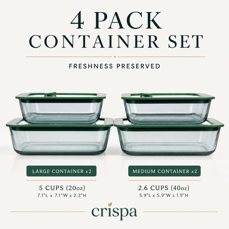 Crispa 8-Piece Teal Glass Food Storage Containers with Silicone Framed Glass Lids – 100% Plastic-Free Lunch Box Meal Prep Set (2x 40oz, 2x 20oz) – Leakproof Airtight Borosilicate for Freezer to Oven