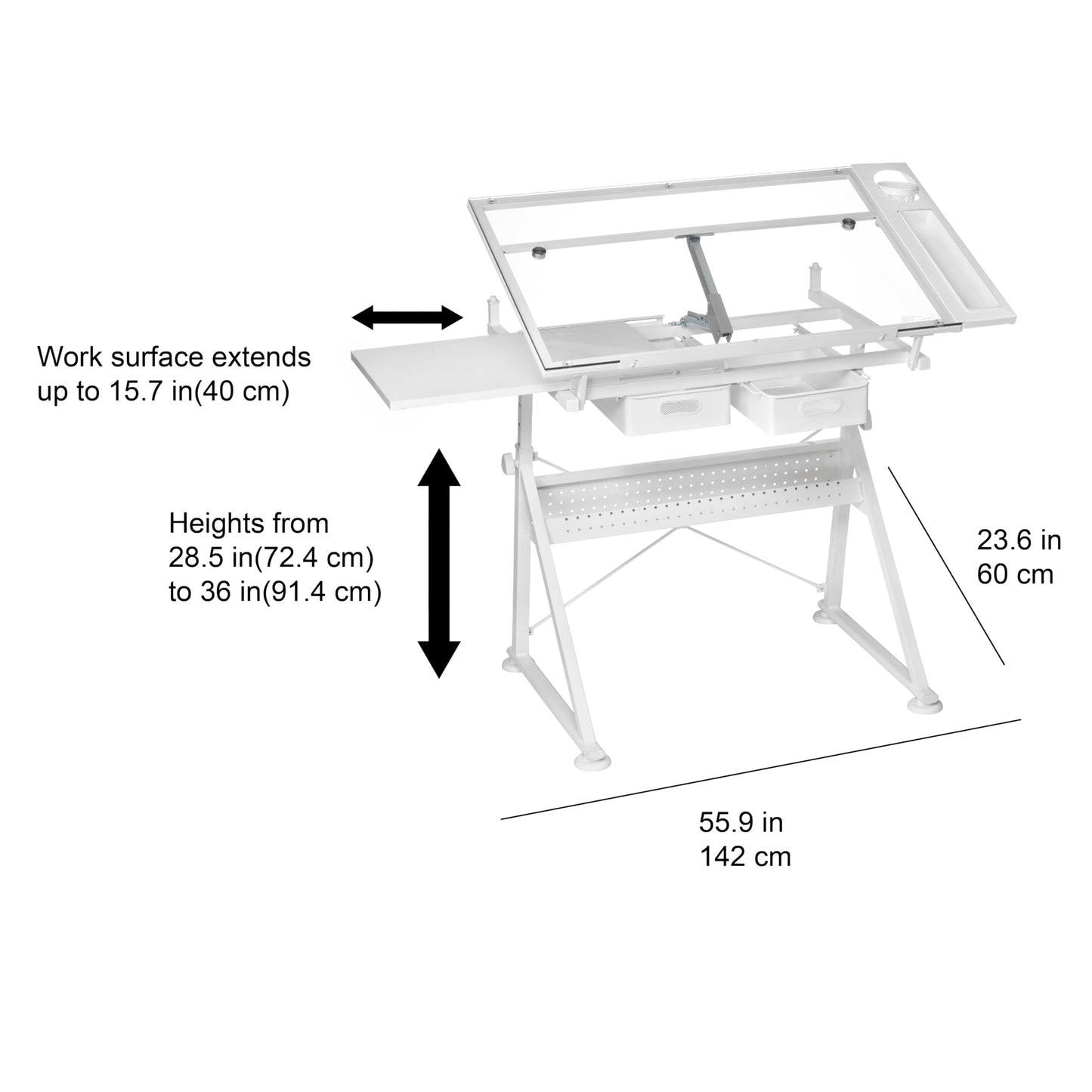 Artist's Loft Artists Loft Desk, Tilting Glass Top Adjustable Drafting Table, White, 55.9" x 23.6", 1-Pack