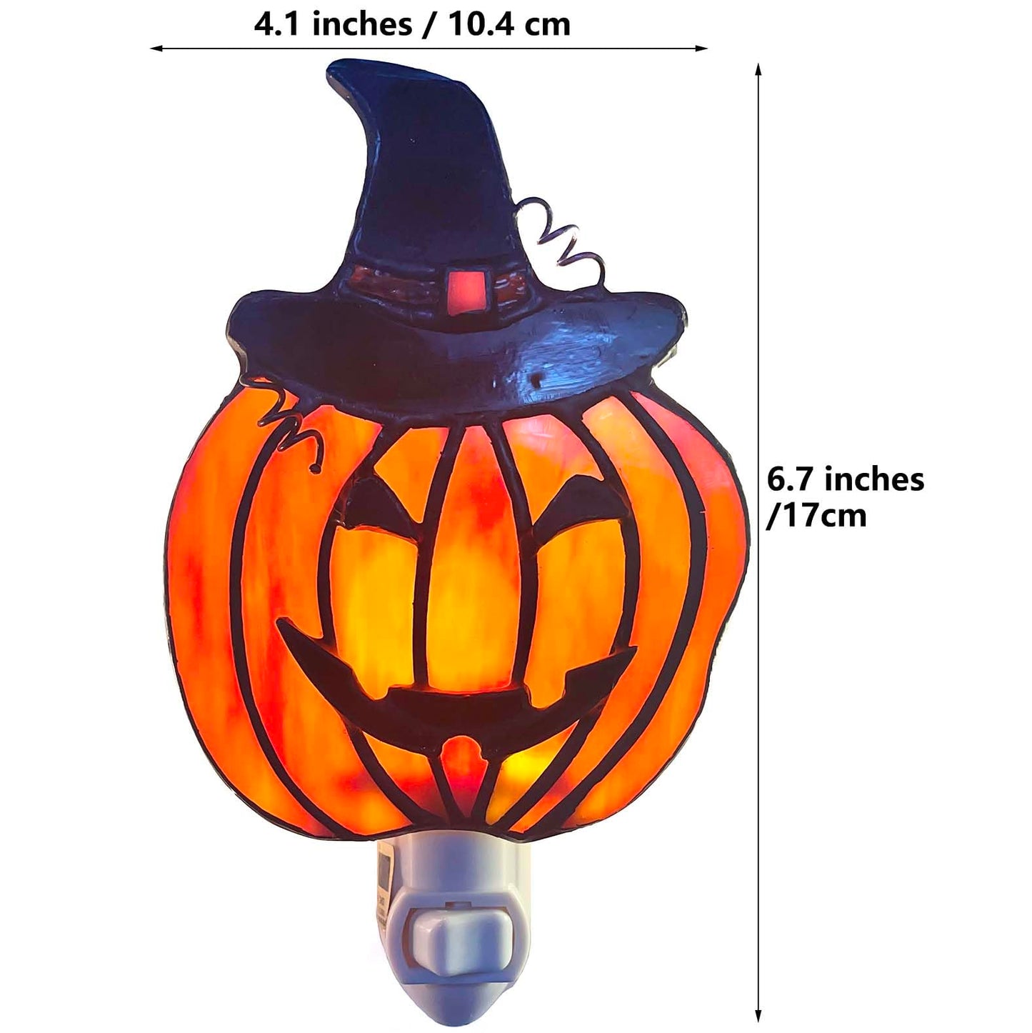 Bieye L13009 Pumpkin Night Light, Tiffany Style Stained Glass Plug-in Wall Lamp with Witch Hat, Handmade Halloween Jack-O’-Lantern Nightlight, 1 x E12 LED Bulb Included, 4.1" W x 6.7" H