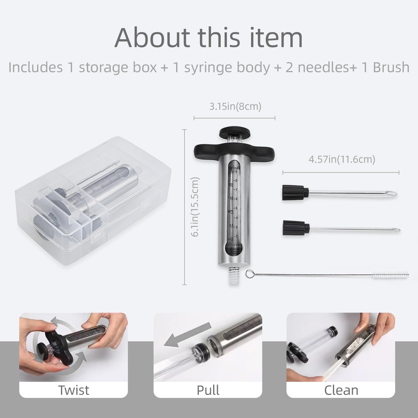 Kitchen Meat Injector, Leak-Proof Stainless Steel Flavor Marinade Syringe with 2 Different Needles and 1.5-oz Measurement Window,Perfect for Smoking, Frying, and Brining Meat for Deep Seasoning(MI-01)