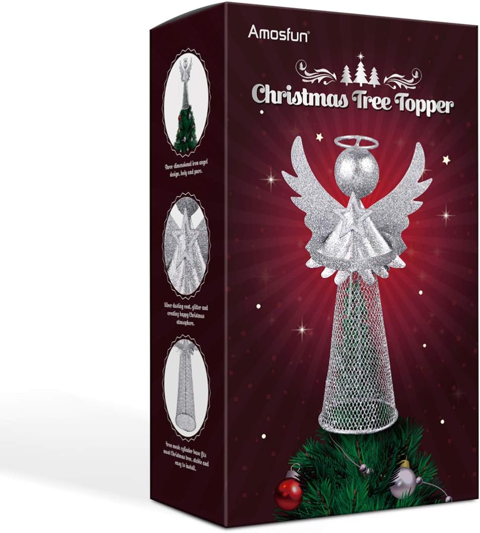 PRETYZOOM Christmas Silver Angel Tree Topper, Exquisite Glitter 3D Angel Figure Ornament for Party Home Xmas Tree