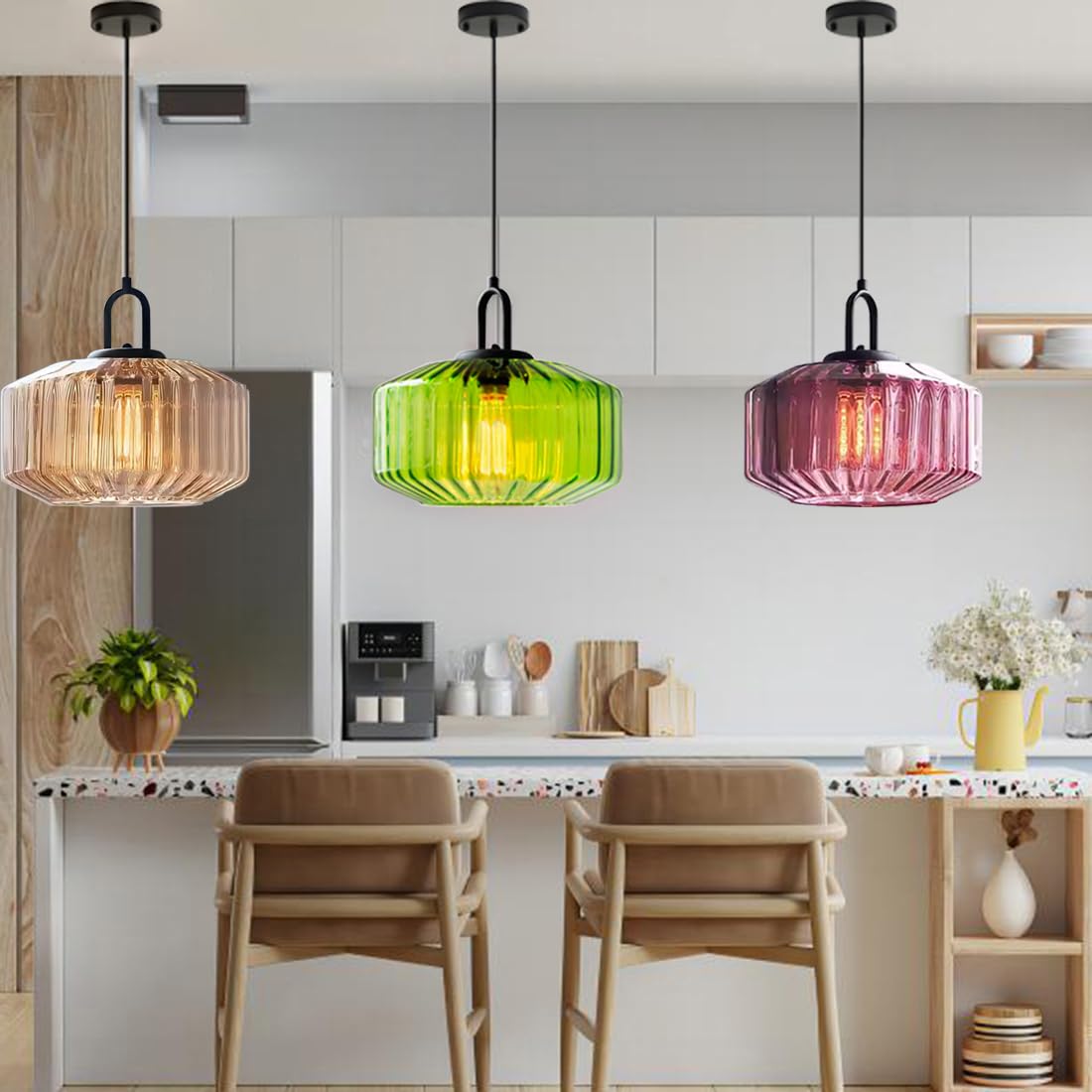 Qufute Glass Globe Pendant Light fixtures 1-Lights Black Mid Century Modern Pendant Lights with Amber Hand Blown Glass Shade Ceiling Hanging Lighting for Dining Room Table Kitchen Island