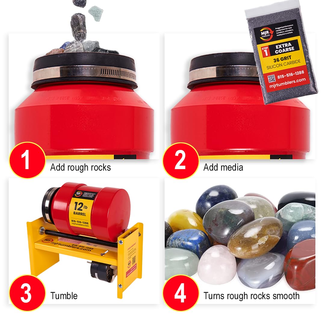 MJR Tumblers 12lb Rock Tumbler Machine, Heavy Duty Professional Rock Polisher, Commercial Stone Polishing Kit for Adults, Large Capacity Tumbler, Steel Frame, Quiet Motor, Multi Barrel Base, USA Made