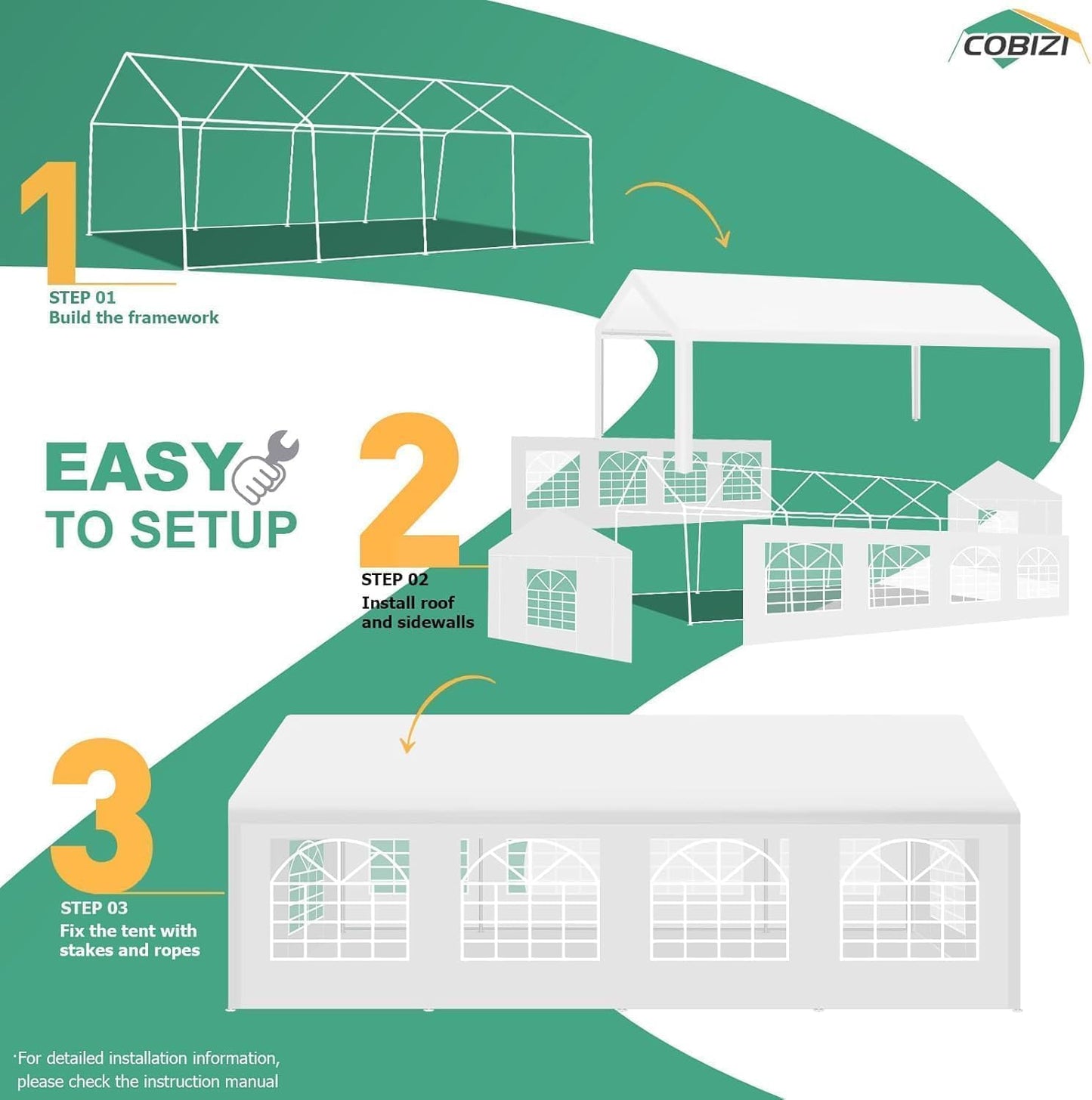 COBIZI 13x26 Party Tent Heavy Duty for Parties, Powder Coating (Better Than Galvanized), Large Outdoor Event Gazebo with Removable Sidewall & Built-in Sandbag, Waterproof for Church & Wedding, White