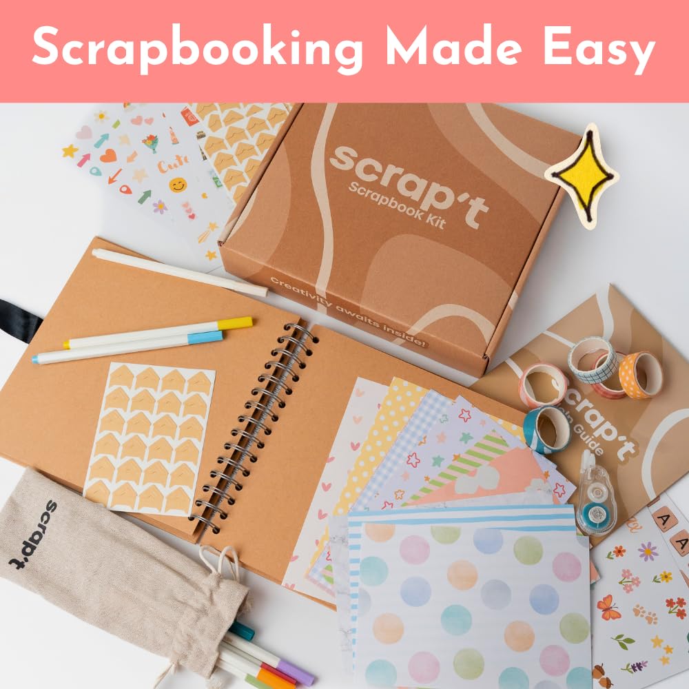 Scrapbook Kit - 80 Page Photo Album DIY Scrapbook - Holds 300+ Photos, with Metallic Pens, 150+ Stickers, Glue Pen, Washi Tapes, Backing Paper, Photo Corner Stickers (Starter Kit - 8 x 8 Inch, Kraft)