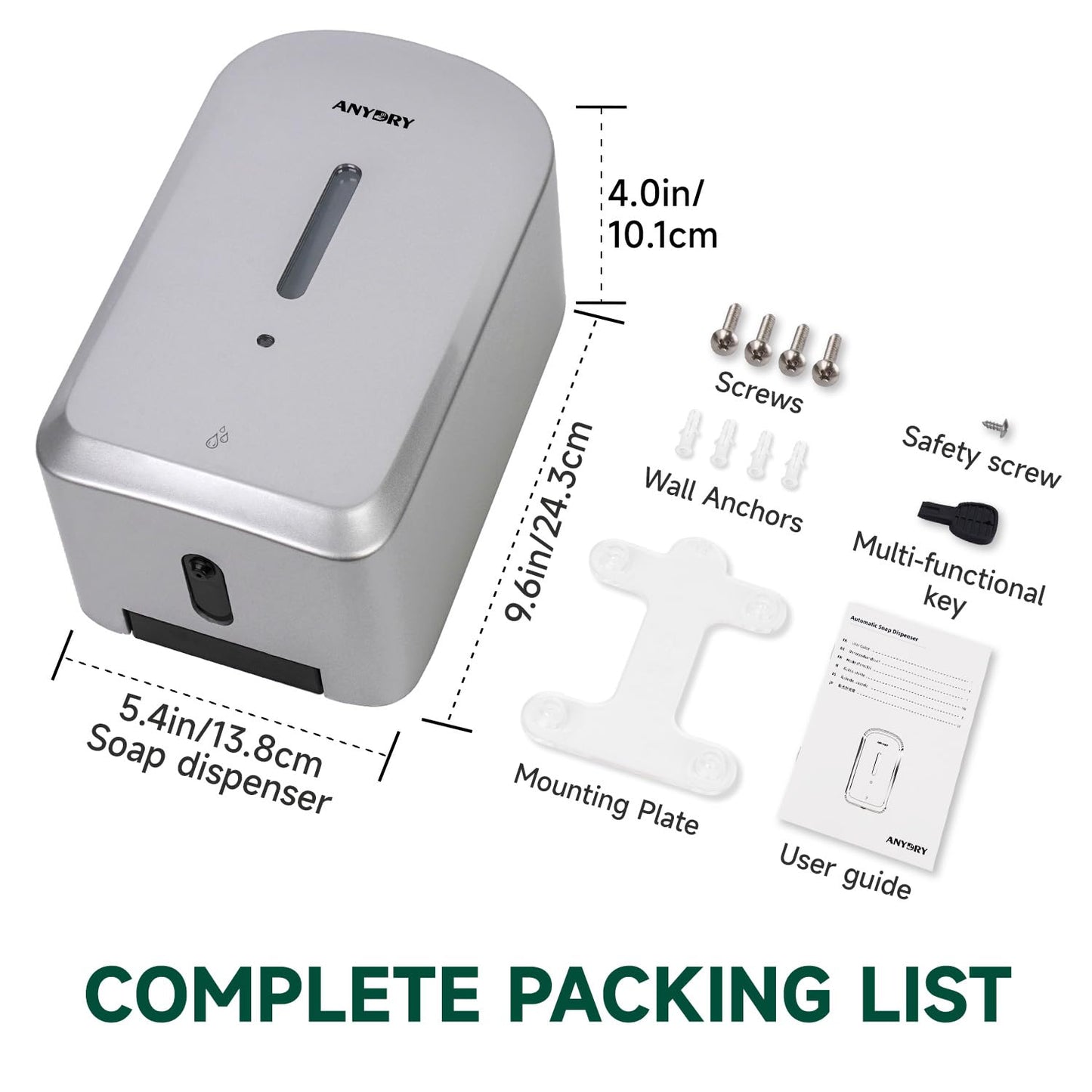 anydry Commercial Automatic Soap Dispenser Large 34oz/1000ml Capacity Wall-Mounted Touchless Liquid Dispenser for High-Traffic Restrooms, Offices, Hospitals Model AD1220S Silver