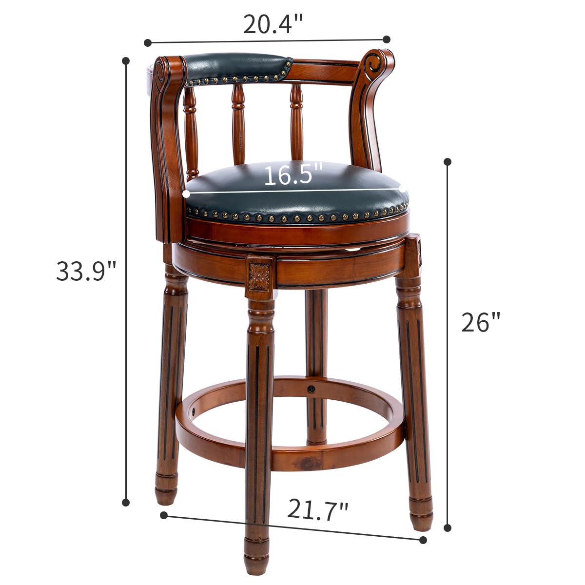 AULIFE Cow top Leather Wooden Bar Stools, 360 Degree Swivel Bar Height Chair with Backs for Home Kitchen Counter, Morden Chair Barstools (Dark Blue 1pc, Counter Height-Seat Height 26”)