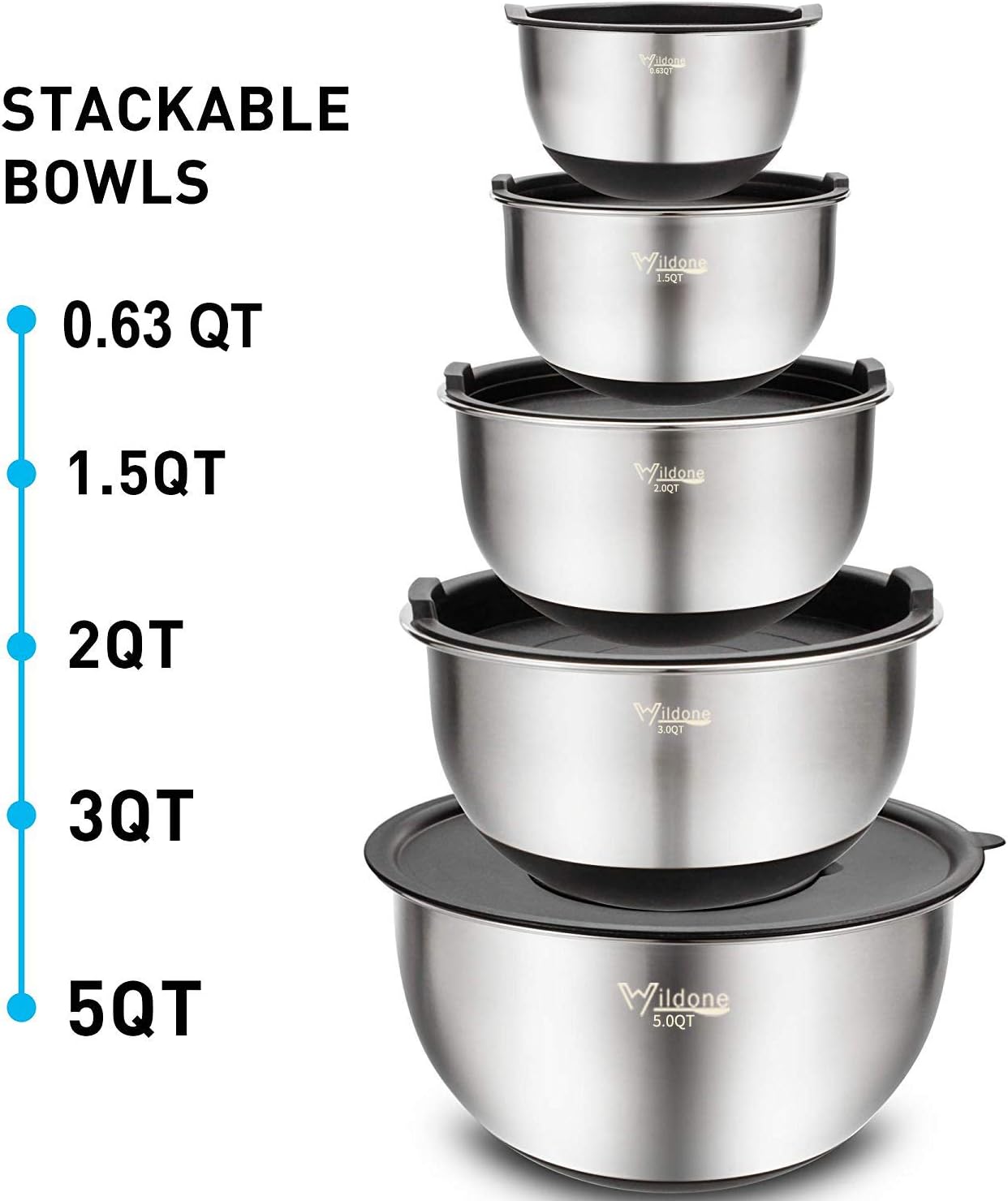 Wildone Mixing Bowls Set - 5PCS Stainless Steel Nesting Bowls with Airtight Lids & Grater Attachments | Non-Slip Bottoms, 0.63 to 5 QT