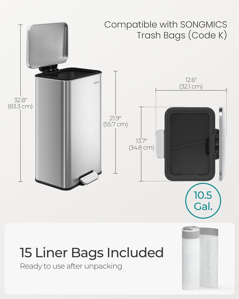 SONGMICS Kitchen Trash Can, 10.5 Gallon (40 L) Garbage Can, Large Step Trash Bin with Lid, Stainless Steel, Soft Close, 15 Trash Bags Included, Silver ULTB540E40
