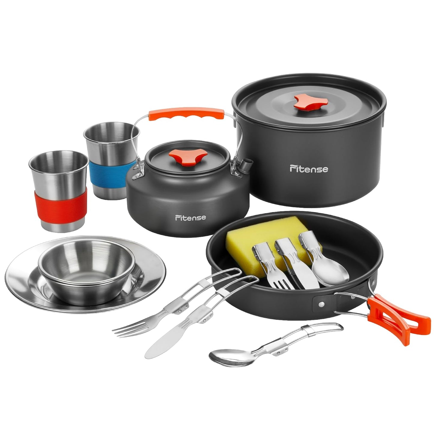 Fitense 21Pcs Camping Cookware Mess Kit for 2, Lightweight Camping Kitchen Pots and Pans Set, Portable Cooking Essentials for Backpacking, Hiking and Picnic
