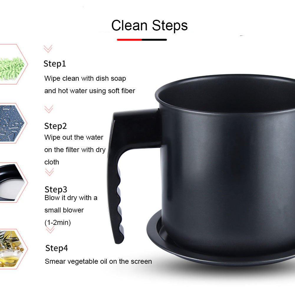 Cambom Bacon Grease Container with Fine Mesh Strainer, 1.3 L almost 6 Full Cups Iron Cooking Oil Can with Removable a Coaster Tray for Kitchen Fat Storage Black