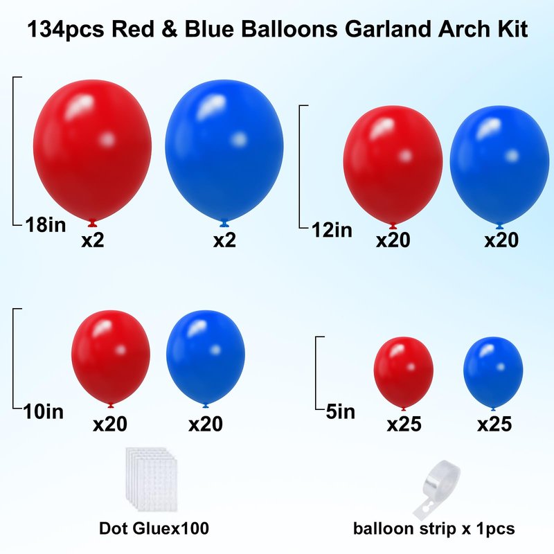 YMSZ Red and Blue Balloon Garland Arch Kit, 134pcs Royal Blue and Red Latex Balloons for Birthday, Graduation, Independence Day Decorations