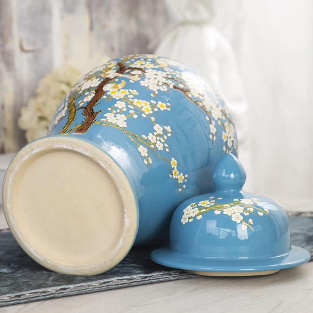 ERoomQ Blue Ceramic Ginger Jar with Lid for Home Decor,Traditional Chinese Trees and Flowers Temple Jar, Jingdezhen Handcrafted Porcelain Vase Centerpiece Decor-Medium