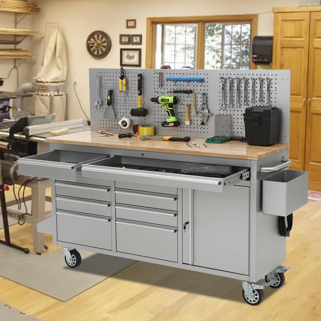 MilleLoom Tool Chest, 61 Inch Tool Box Mobile 9 Drawers Storage Rolling Cabinet with Wheels Lock Key Locking System Drawer Liners for Garage Warehouse Repair Shop, Sliver