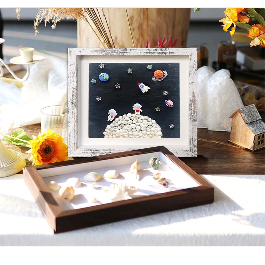 Houstimi Rustic 8x8 Shadow Box Frame White Shadow Box Display Case Made of Solid Wood and Real Glass Internal Depth 0.6 inches for Wall Or Tabletop(3 Pack)
