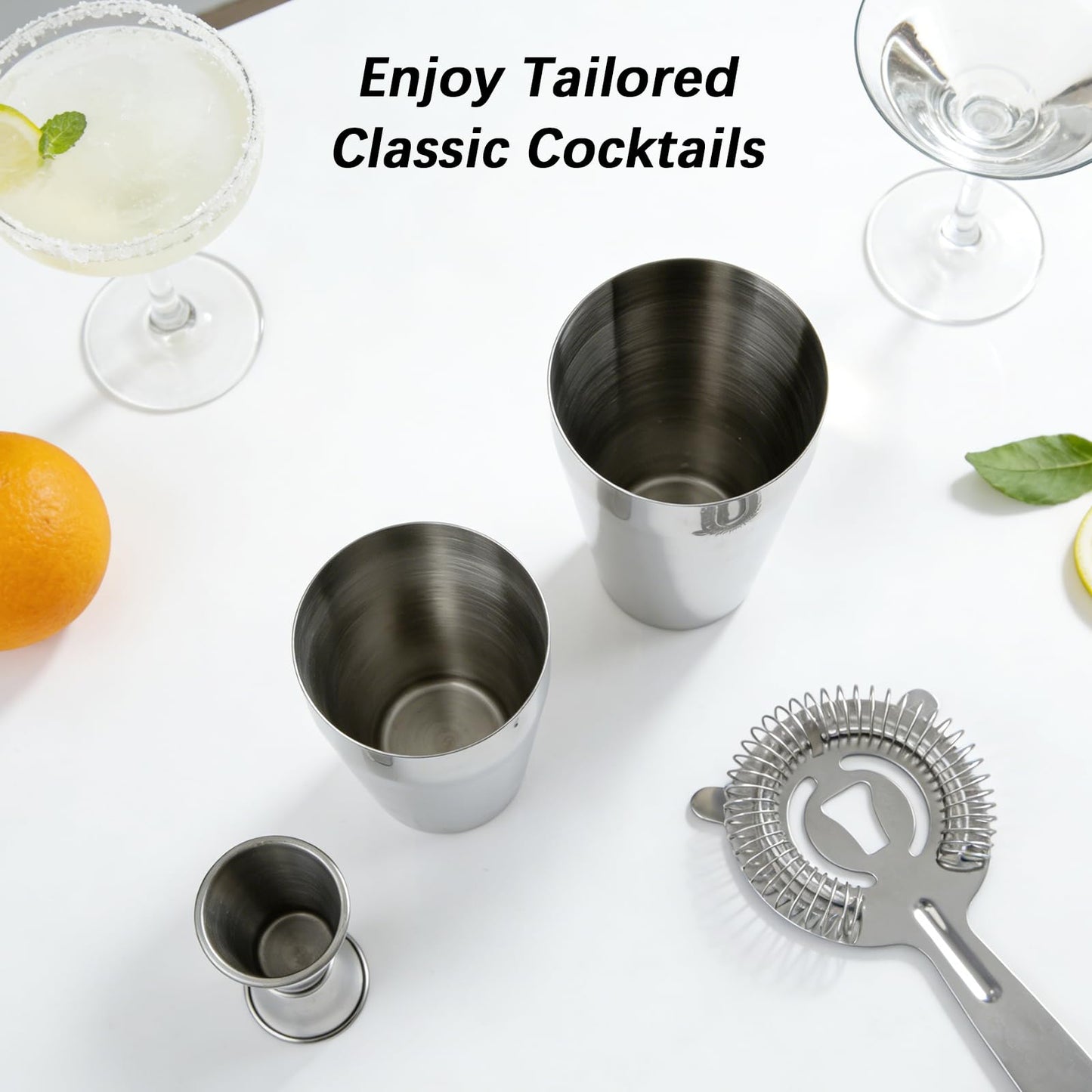 Professional Cocktail Shaker, Professional 5-Piece Bartender Kit with Boston Shaker, Hawthorne Strainer, Double Measuring Cocktail Jigger, and 10-inch Mixing Spoon, Stainless Steel Martini Shakers