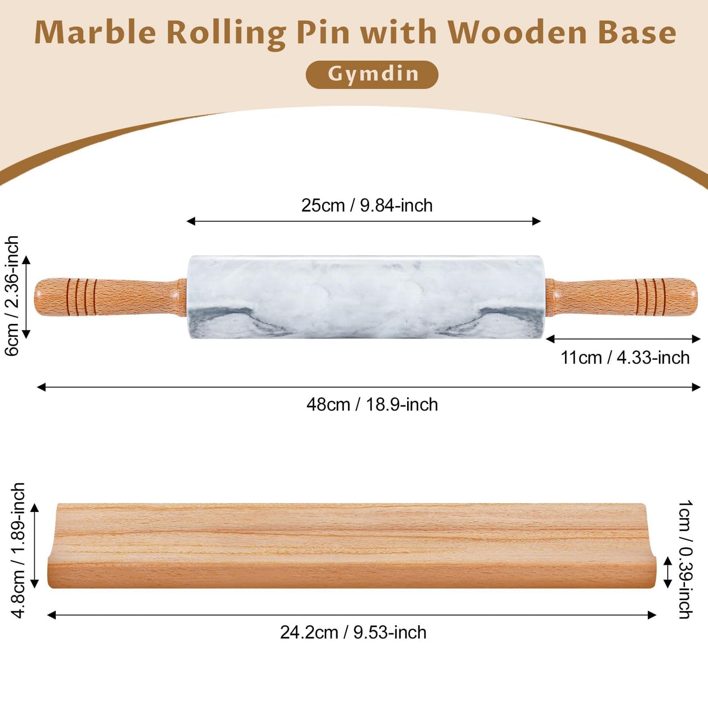 Gymdin Marble Rolling Pin - 18.9" Marble Rolling Pins for Baking, Pastry, Pizza Dough & More - Polished Non-Stick Surface, Long Dough Roller with Wooden Handles & Base