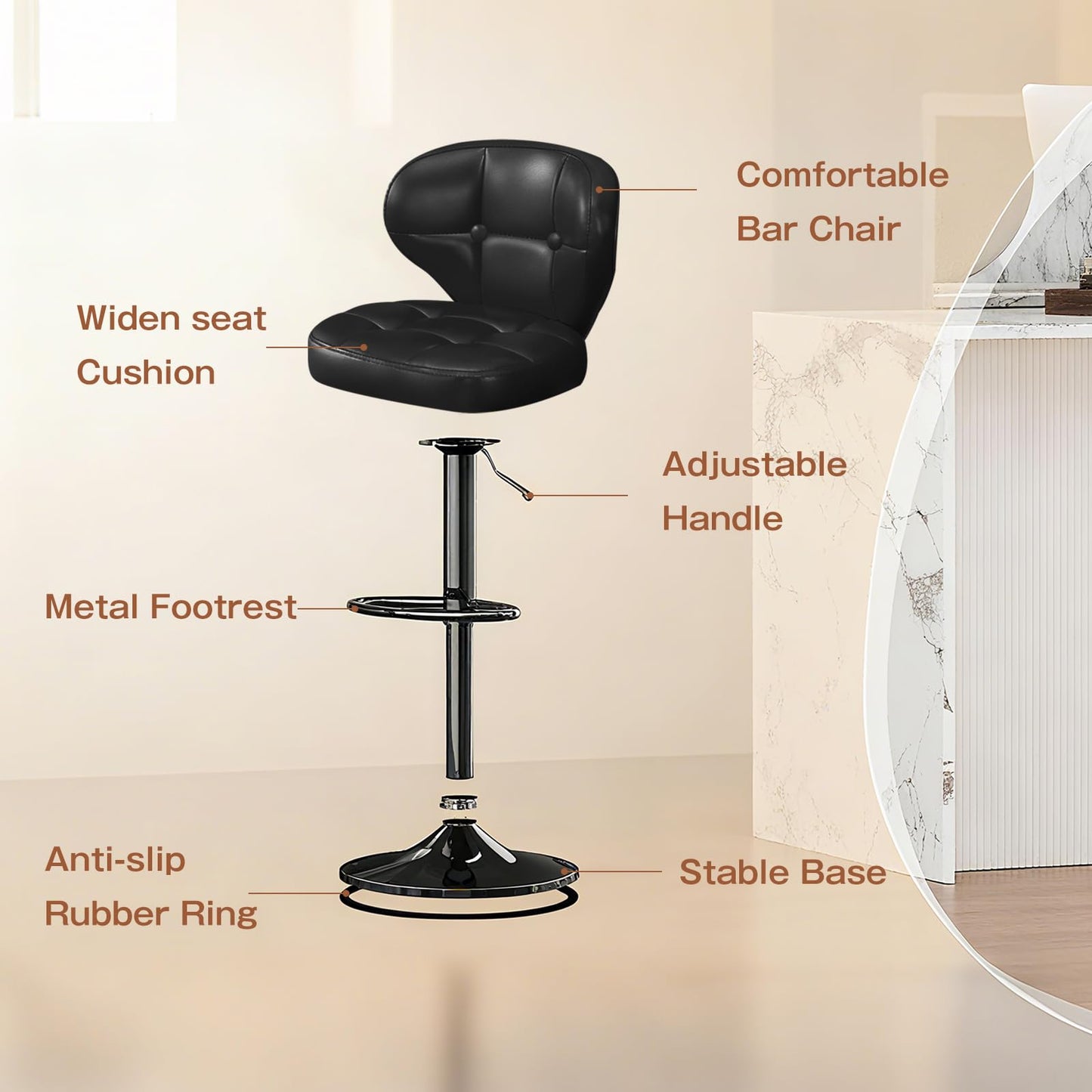 Walktory Bar Stools Set of 6, Adjustable Swivel Bar Stools with Back, Counter Height Bar Chairs with Footrest, PU Leather Padded Seat, Metal Base, Kitchen Island Dining Room Black