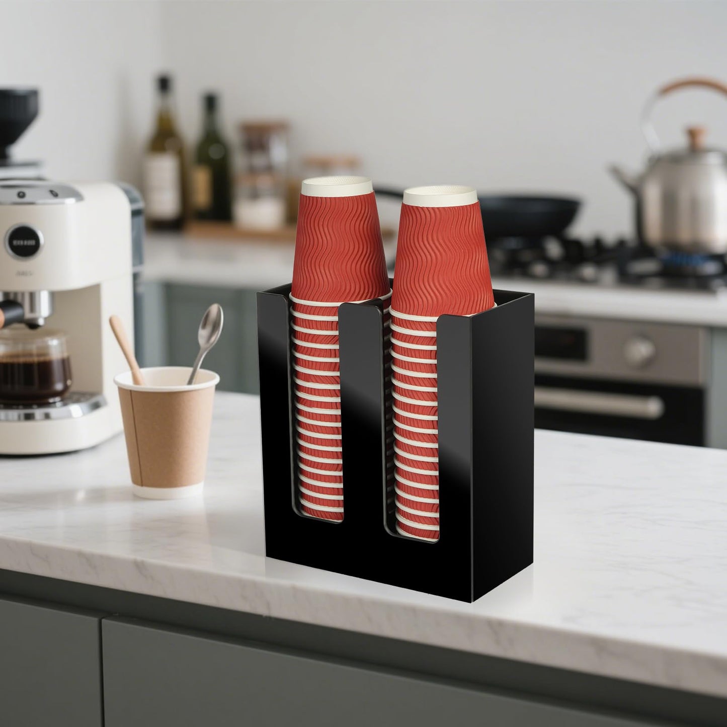 MYITYARD Coffee Cup Holder, Cup and Lid Organizer fits 5 to 16 oz Disposable Paper & Plastic Cups, Cup Dispenser Countertop, Acrylic Cup Storage for Home, Kitchen, Office (2 Compartment)
