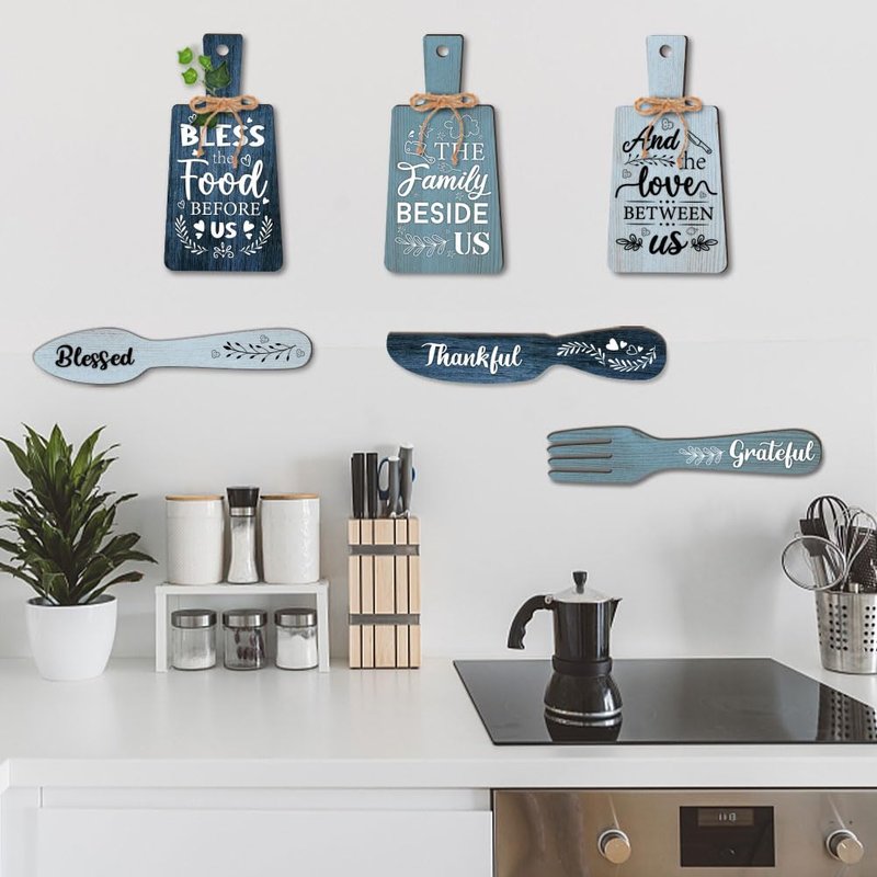 PH PandaHall 6pcs Kitchen Wall Decor Bless Food Sign Set Wall Table Accessories Wooden Pendant Decorations Mini Plaque Fork Spoon Shape Sign Rustic Style Home Dector Blue, 11x5.5 inch/11.8x2 inch