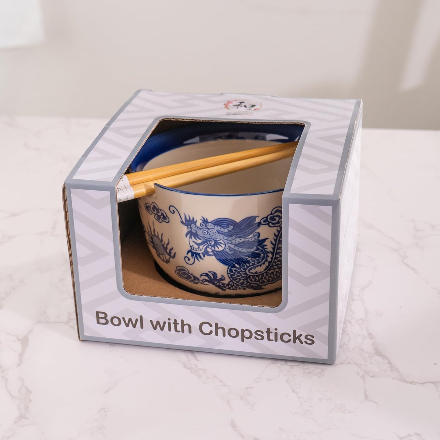 Urban Tokyo Handpainted Ceramic Glazed Japanese Ramen Udon Noodle Rice Bowl With Chopsticks 20 fl oz 5 inch Diameter Bowl Sets Color Box Packaging (Oriental Dragon Blue)
