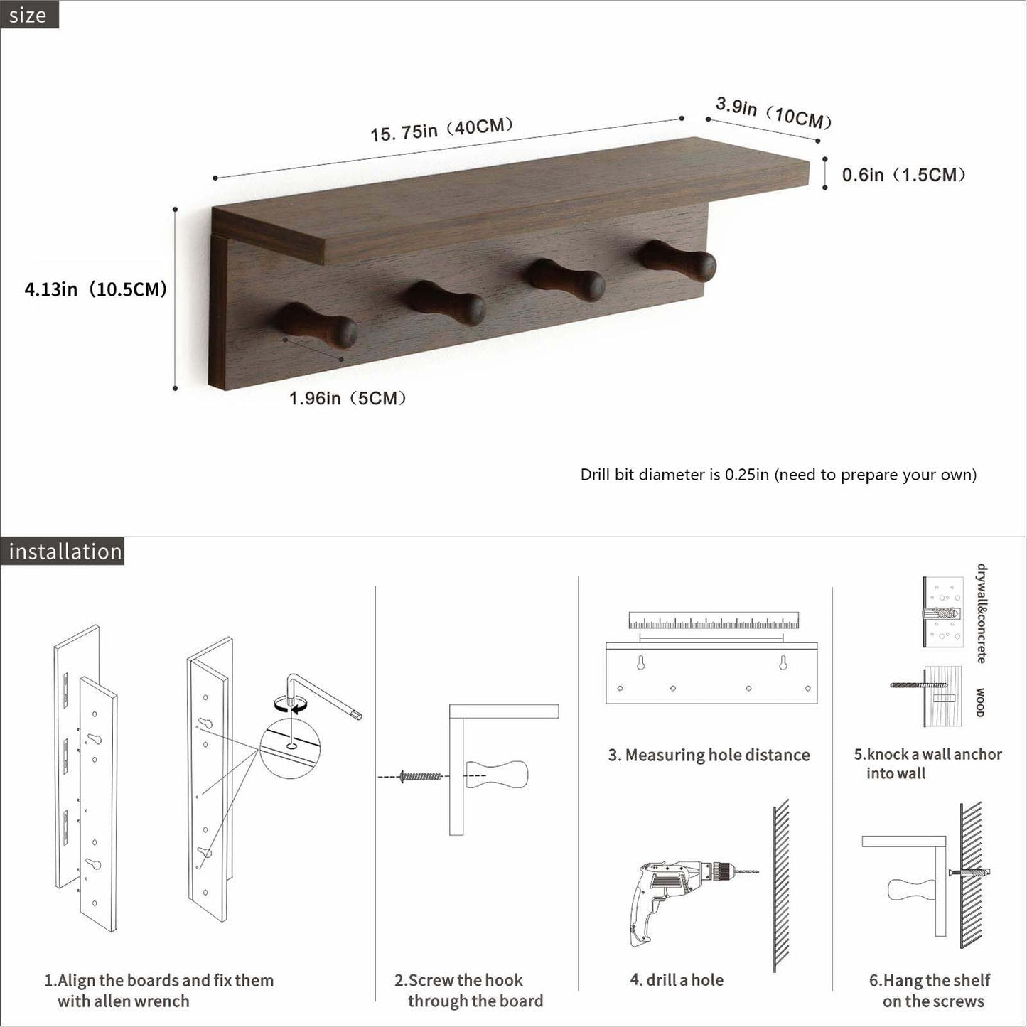 XAOMLP Entrance Coat Rack ,Coat Hooks, Wall-Mounted Wooden Hook Rack, Wall-Mounted Shelves are Very Suitable (Walnut Color Finish—A-1)