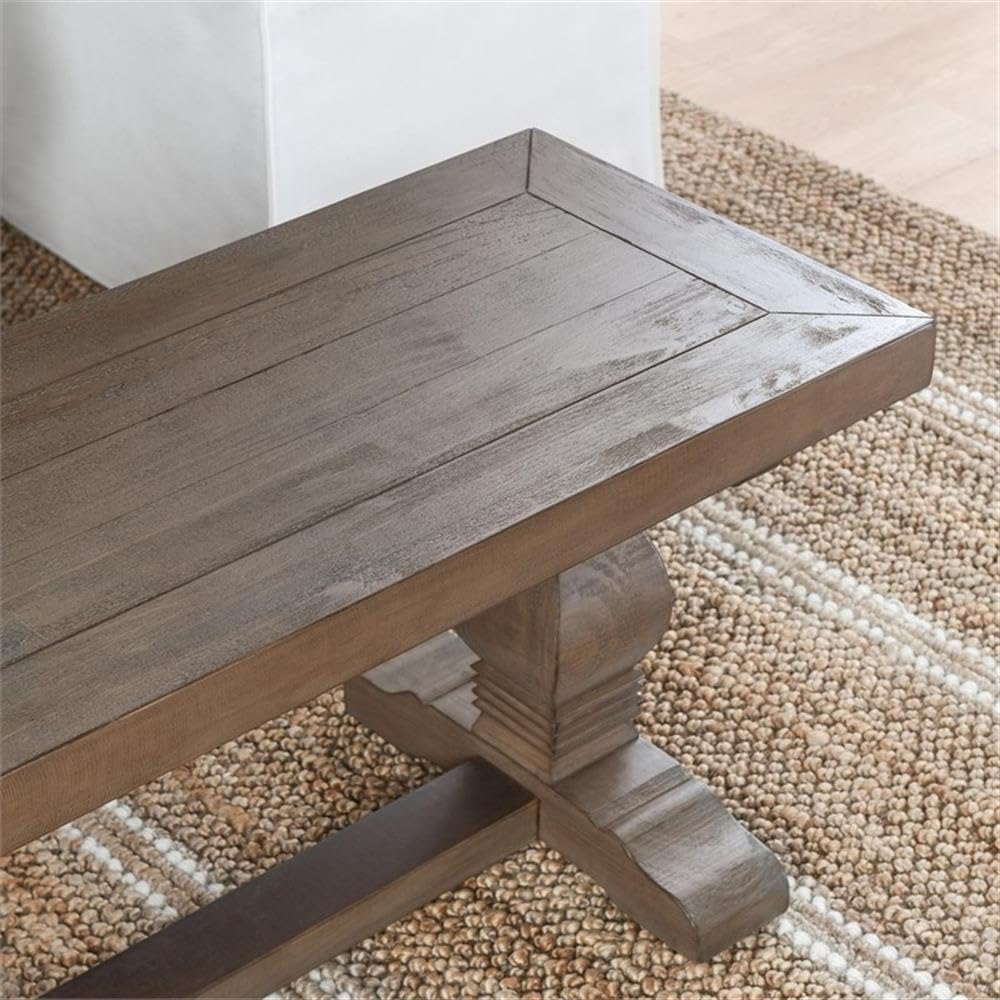 MAKLAINE 66" Transitional Reclaimed Pine Wood Bench, Weathered Brown Finish, Hand-Carved Pedestal Base, Rustic Style Seating for Kitchen or Dining Room, Seats Up to 3
