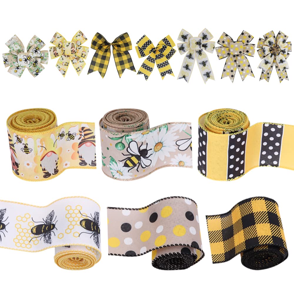 SiCai Ribbon 6 Rolls 30 Yards Bee Ribbon,Wired Edge Ribbon,Honey Ribbon for Spring Summer Craft Wrapping,2.5 inches Stripes,Polka,Dots,Gnome Ribbons Floral Arrangements,Packages,Home Decor