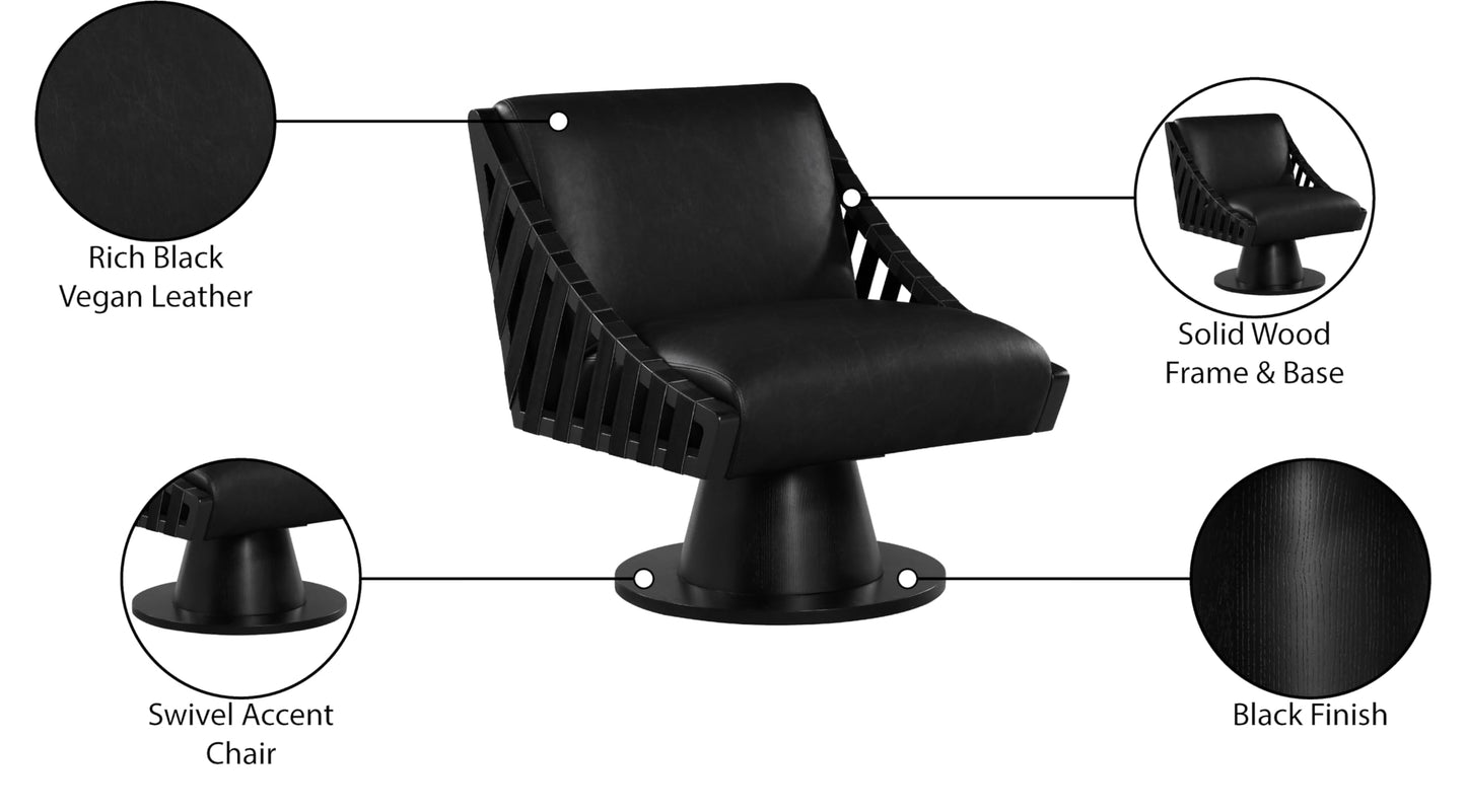 Meridian Furniture 33002Black Millwin Collection Art Deco Swivel Accent Chair with Rich Black Vegan Leather, Black Finish, Solid Wood Frame and Base, 28" W x 30" D x 32.5" H, Black