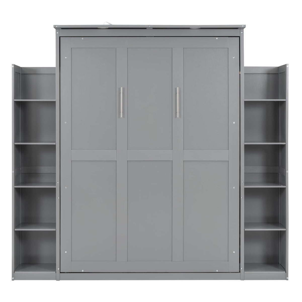 Merax Full Size Murphy Bed with 2 Five-Layer Cabinet, Modern Wall Bed with Shelves and LED Lights, Foldable Wood Platform Bed Folded into Cabinet for Guest Room, Home and Office, Grey