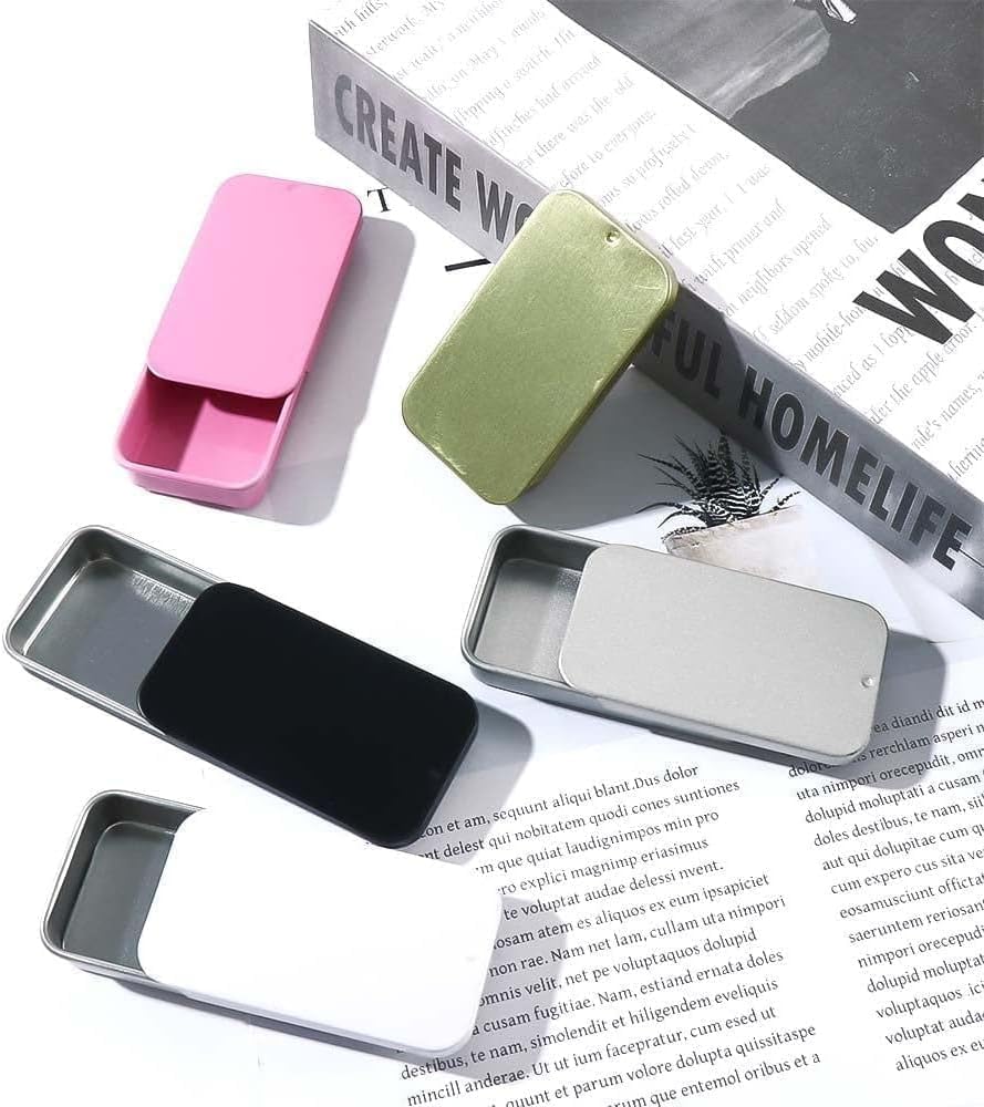 Black Metal Rectangular Mini Tin Box, Iron Box Tinplate Push Candy Pill Cases for Home Organizer (60x34x11mm).