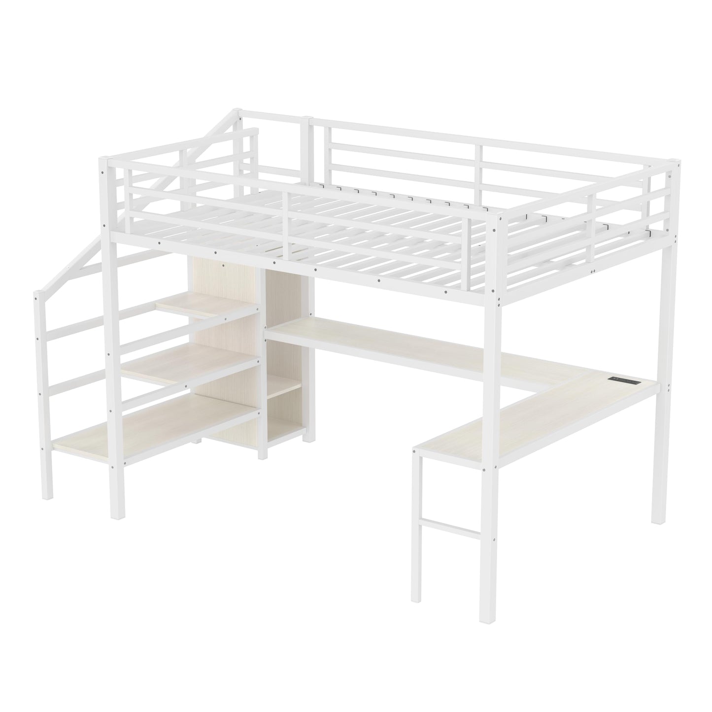 KEIKI Metal Loft Bed Queen Size with L-Shaped Desk, USB Port, Wardrobe, Adjustable Shelf, and LED Lights, High Loft Bed with Stairs for Teens and Adults, White Wood Grain