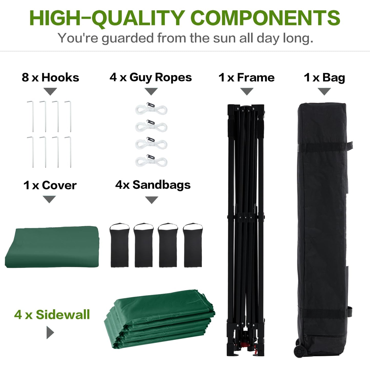 Tunbne 10X10 Comercial Pop Up Canopy Tent with 4 Sidewalls and 6 Pockets, One Push Setup Center Lock, for Beach Patio Outdoor, Case, 8 Stakes, 4 Ropes, 4 Sandbags (Forest Green)
