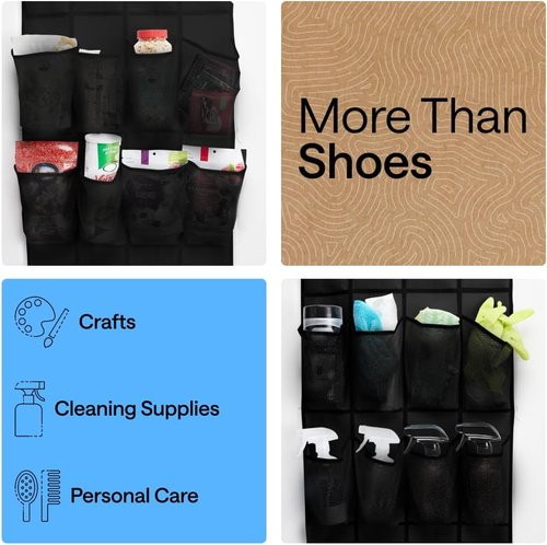 GORILLA GRIP Over The Door Shoe Organizer - 2 Pack With 24 Breathable Mesh Pockets | Space-Saving Storage Solution, Black