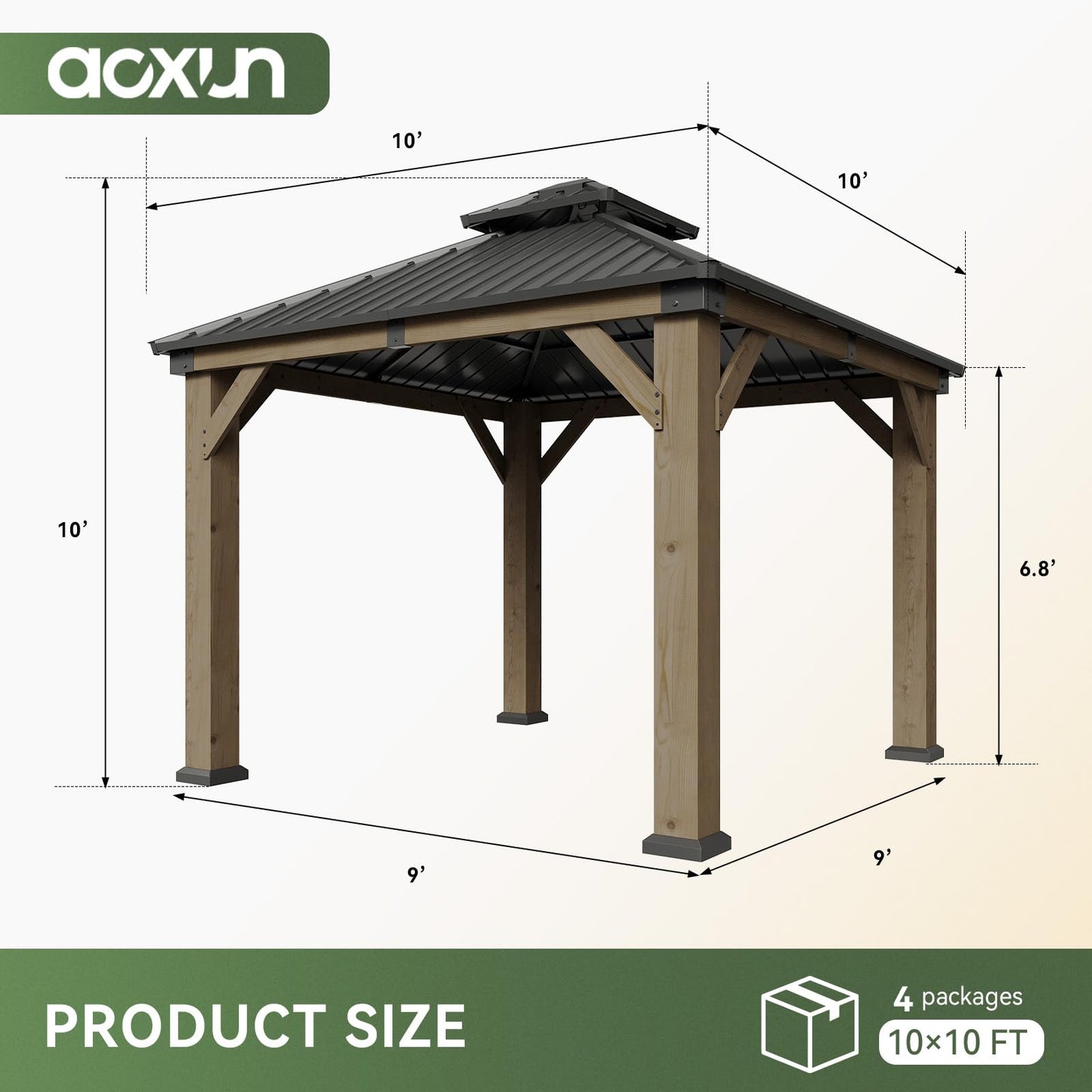 Aoxun 10' x 10' Outdoor Wood Gazebo, Hardtop Gazebo Permanent Wooden Pavilion with Galvanized Steel Double Roof, for Backyard, Garden, Deck, Cedar Wood, Grey