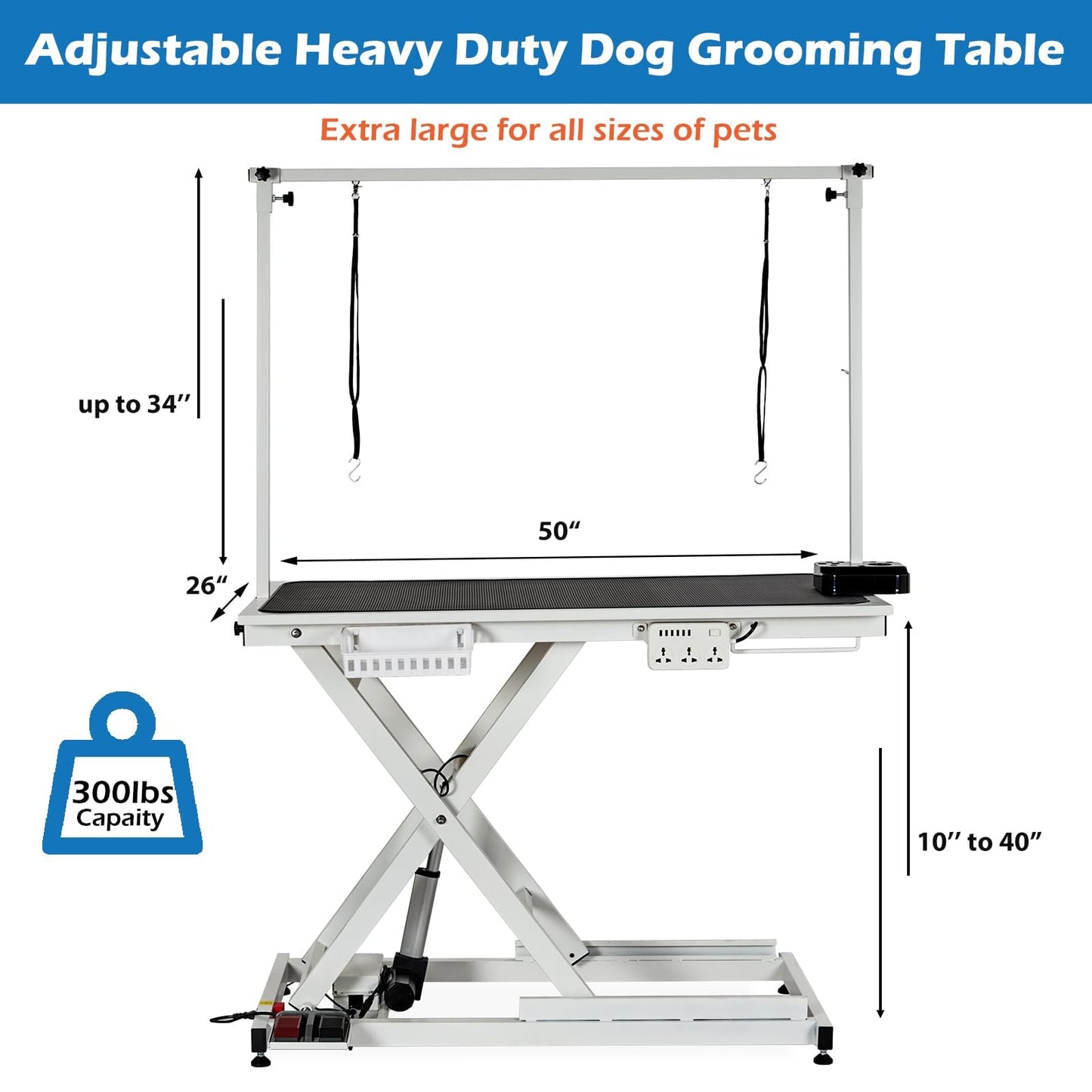 50" Hydraulic Dog Grooming Table for Pet, Professional Electric Dog Groom-ing Table, Heavy Duty Height Adjustable Pet Grooming Tabl-e with Grooming Arm &Anti Slip Tabletop, Capacity Up to 300LB, White