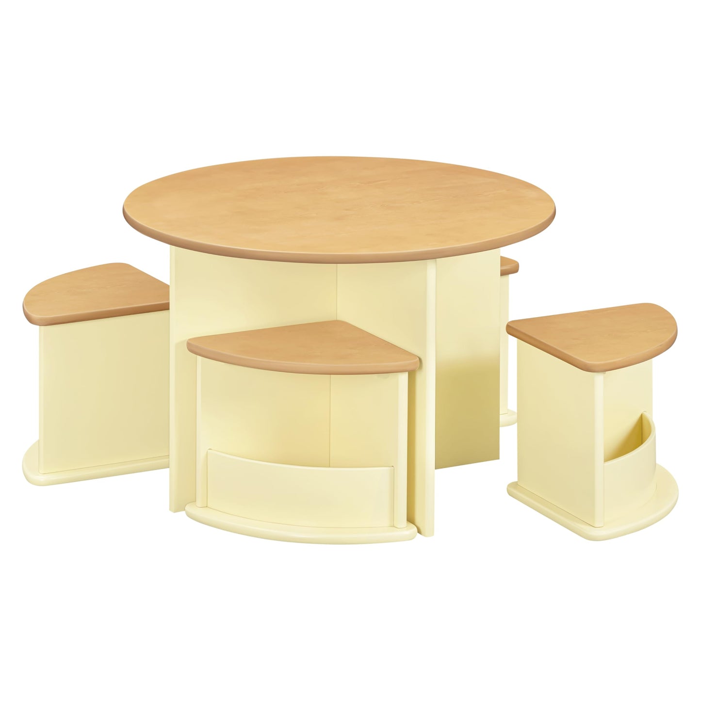 Babyletto Nessa Nesting Play Table - Kids Table and Chair Set w/ 4 Storage Stools - GREENGUARD Certified Round Wooden Toddler Playroom Set for Reading, Art, Play in Nursery/Home - Pale Yellow/Honey