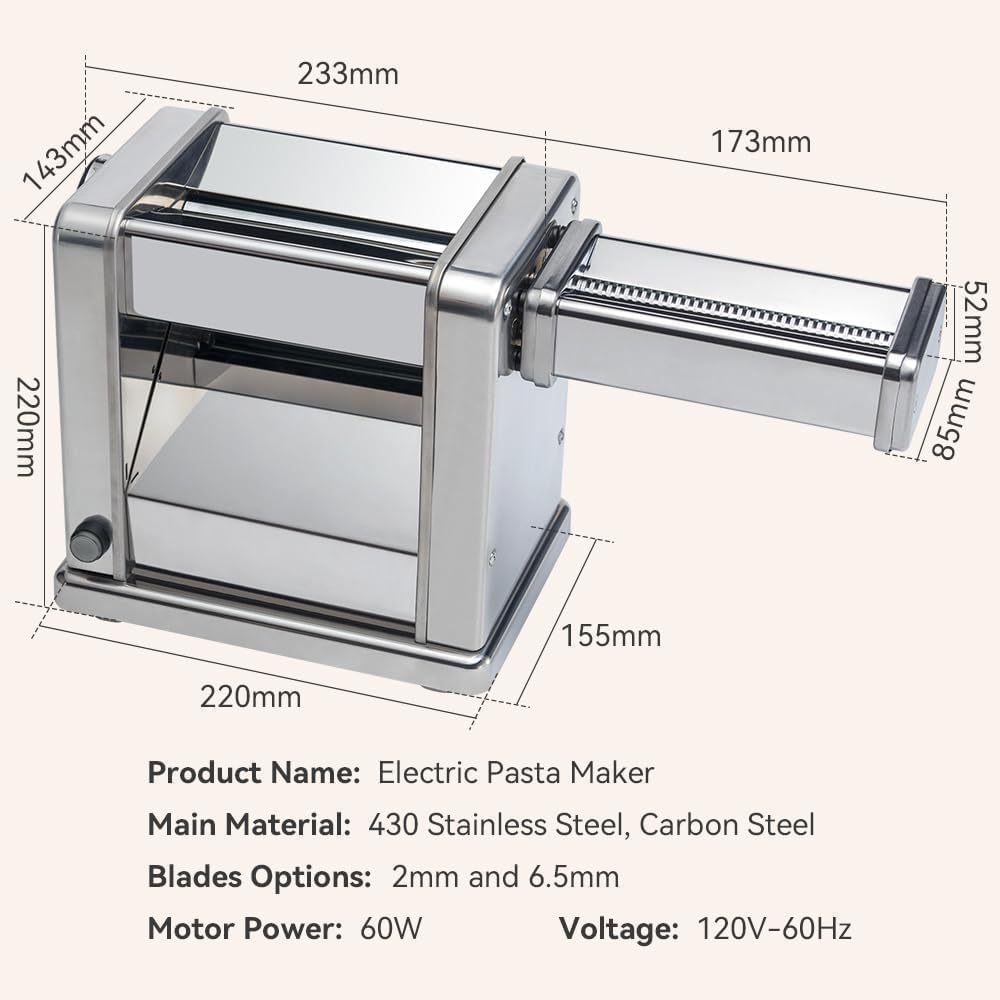 Maxceysen Domestic Electric Pasta Maker Automatic Stainless Steel Noodle Machine with Adjustable Dough Roller/Cutter for Home Handmade Spaghetti, Fettuccini, Lasagna, Pie Crust, Dumpling, Wonton