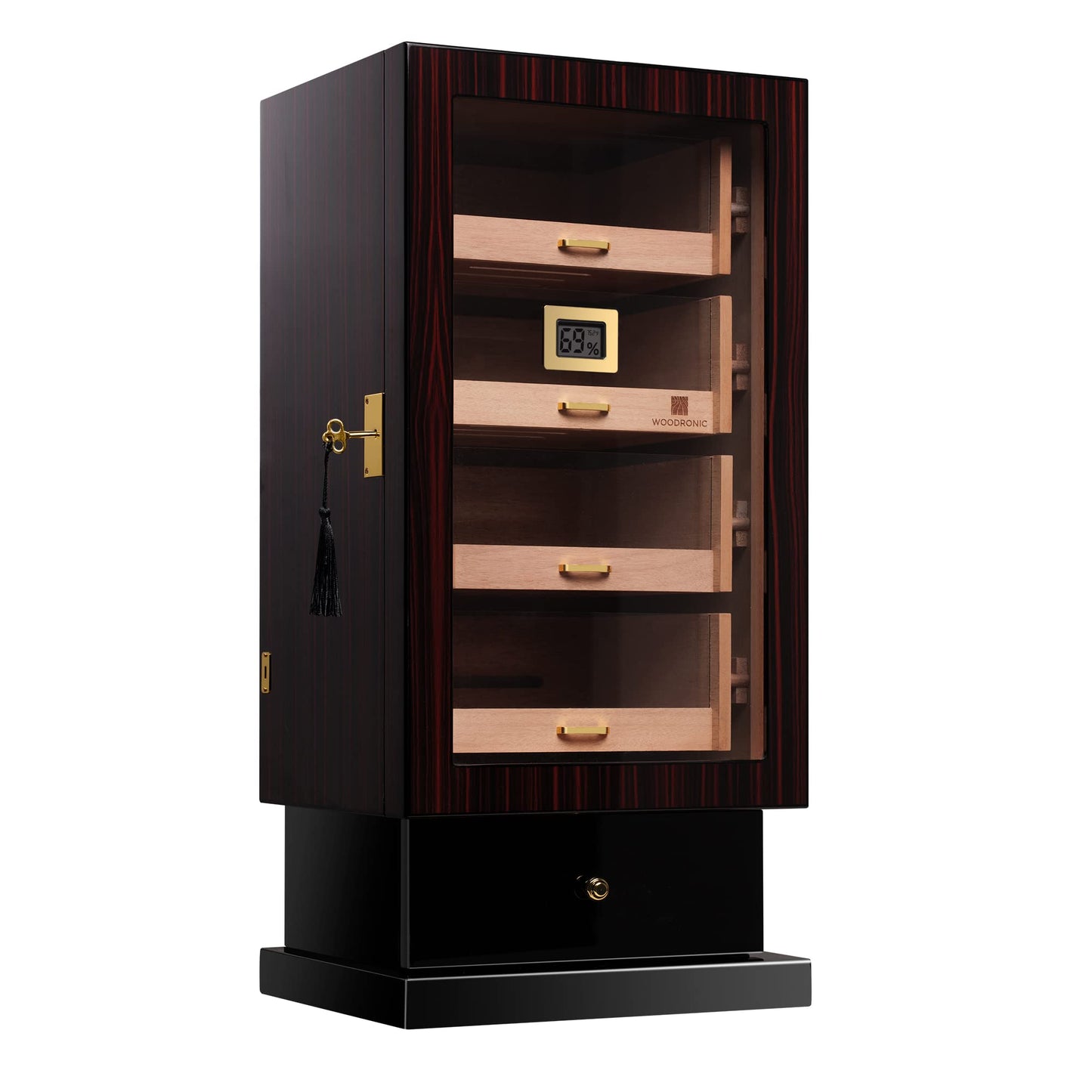 Woodronic Cigar Cabinet Humidor for 200-250 Cigars with Accessory Drawer, Crystal Humidifiers, USB Cables for Electric Humidifiers, Lock & Keys and Spanish Cedar Lining, Home & Commercial Display