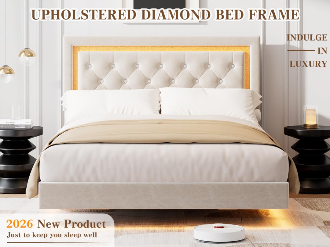 Garvee Floating Bed Frame Queen Size with Smart Led Lights, Upholstered Platform Bed with Diamond Headboard, Solid Wood Slats Support, No Box Spring Needed, Noise-Free, Easy Assembly, White