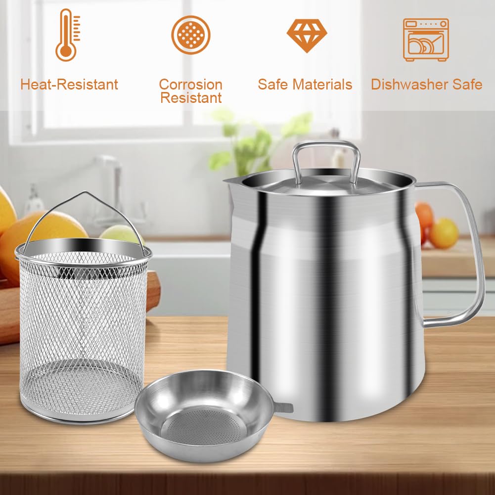68oz Deep Fryer Pot with Basket and Oil Strainer, Abnaok 304 Stainless Steel Deep Frying Pot for French Fries, Chicken, or Japanese Tempura, Heavy Duty Bacon Grease Strainer
