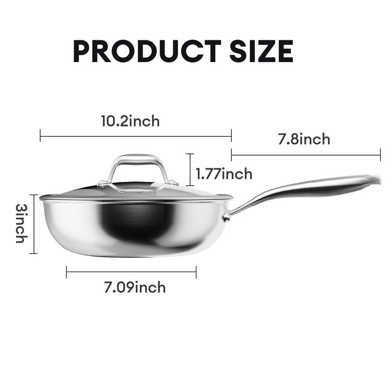 COOKER KING 10-Inch Hybrid Stainless Steel Wok with Lid, Nonstick Stir Fry Pan & Deep Frying Pan, Tri-Ply Clad Honeycomb Everyday Pan, Induction Ready, Oven & Dishwasher Safe, PFOA Free