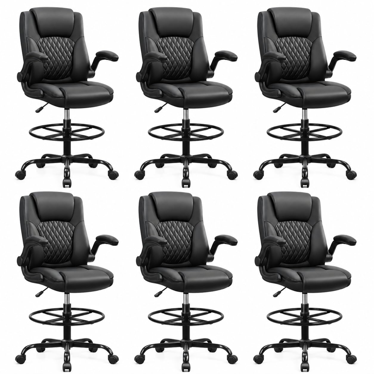 Drafting Chair, Tall Office Chair for Standing Desk, High Executive Leather Ergonomic Computer Chair with Adjustable Height and Flip-Up Armrest for Counter Height Desk, Black, Pack of 6