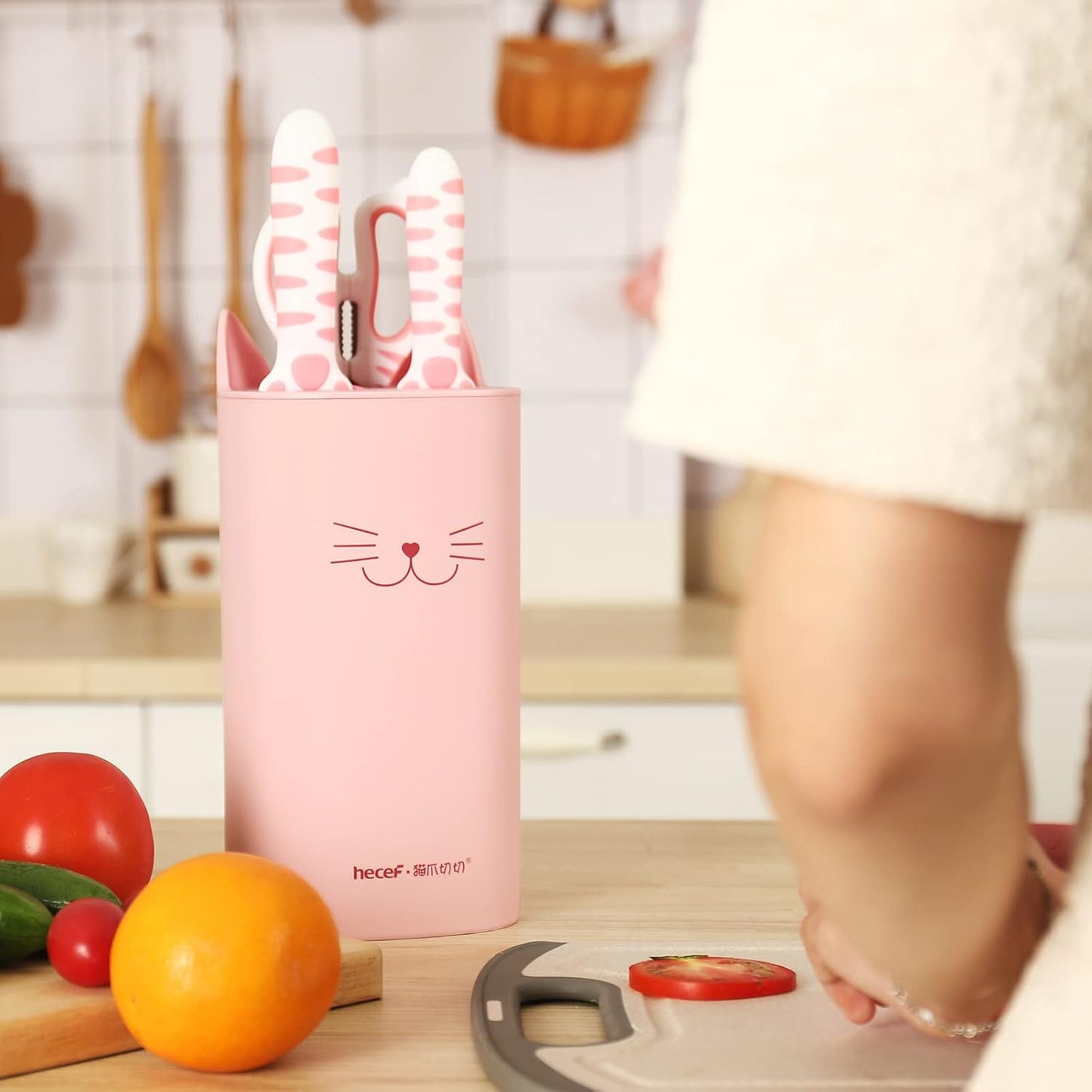 hecef Cute Kitchen Knife Set, 5-Piece Non-Stick Knives Set with Detachable Block and Scissors, Pink