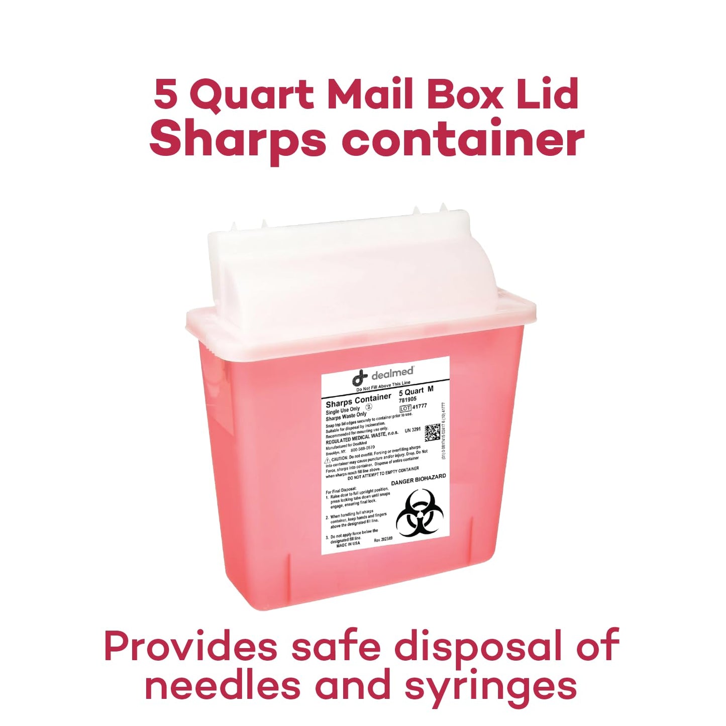 Dealmed Sharps Container 5 Quart Mailbox Lid, Professional Medical Needle Disposal, Puncture Resistant Container for Healthcare Facilities, Red (Pack of 2)