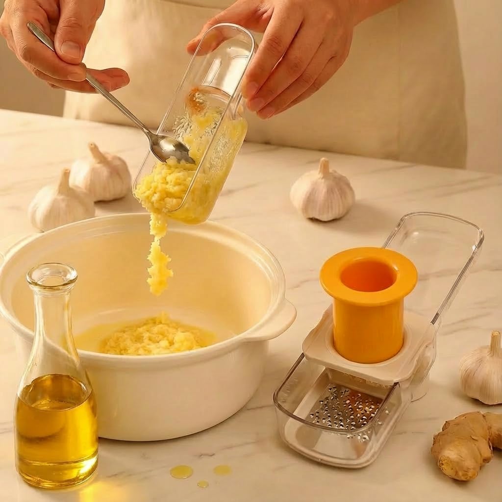 2Pcs 3 in 1 Mini Garlic Grinder, Multifunctional Garlic Grater Ginger Vegetable Chopper, Handheld Kitchen Gadget with Container & Safety Guard for Camping Picnic Cooking