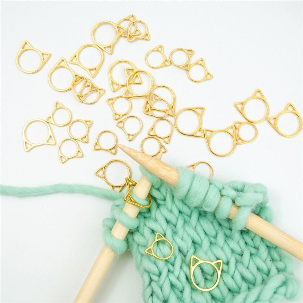 30 Pcs Stitch Markers with Wooden Storage Box, Cat Ears Metal Knitting Crochet Locking Markers Crochet Latching DIY Weaving Knitting Sewing Tools