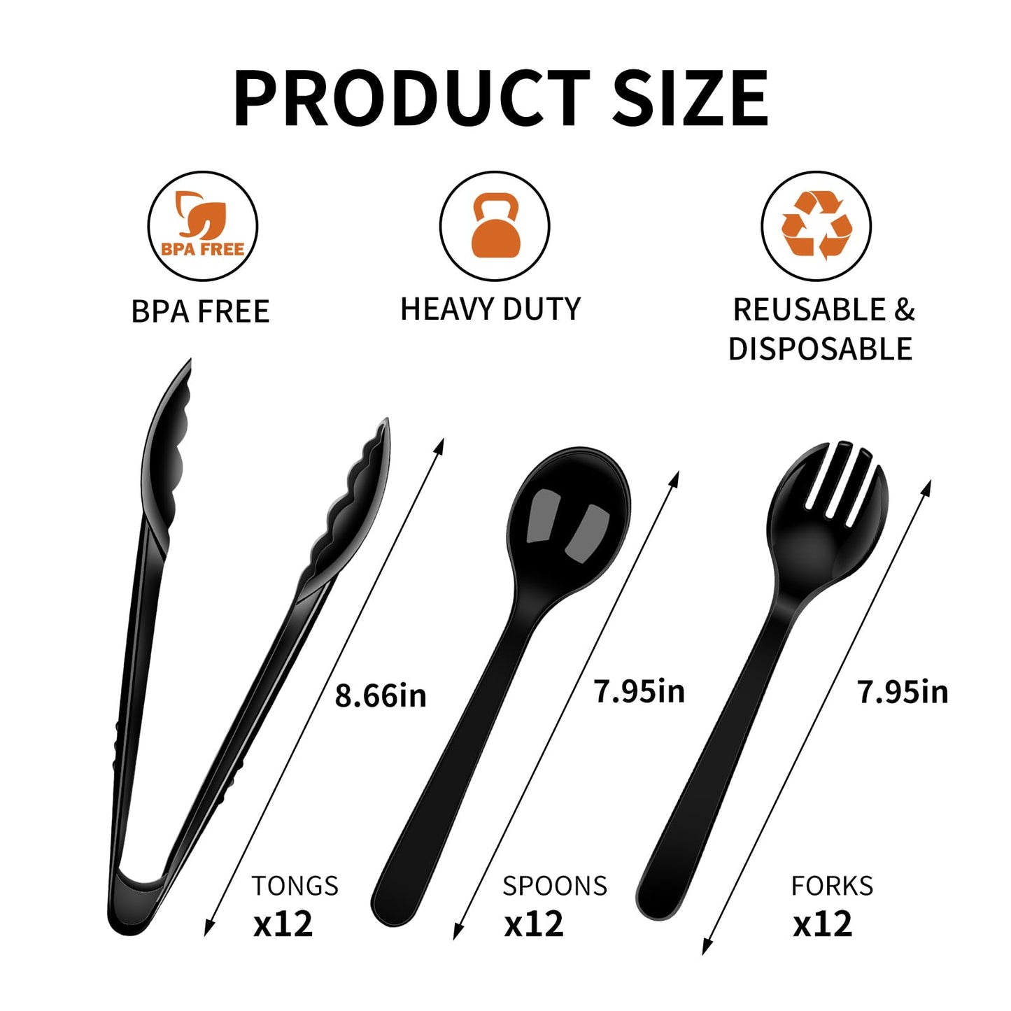 36 PCS Disposable Serving Utensils for Party - 12 Set Including Black Plastic Spoons, Tongs and Forks