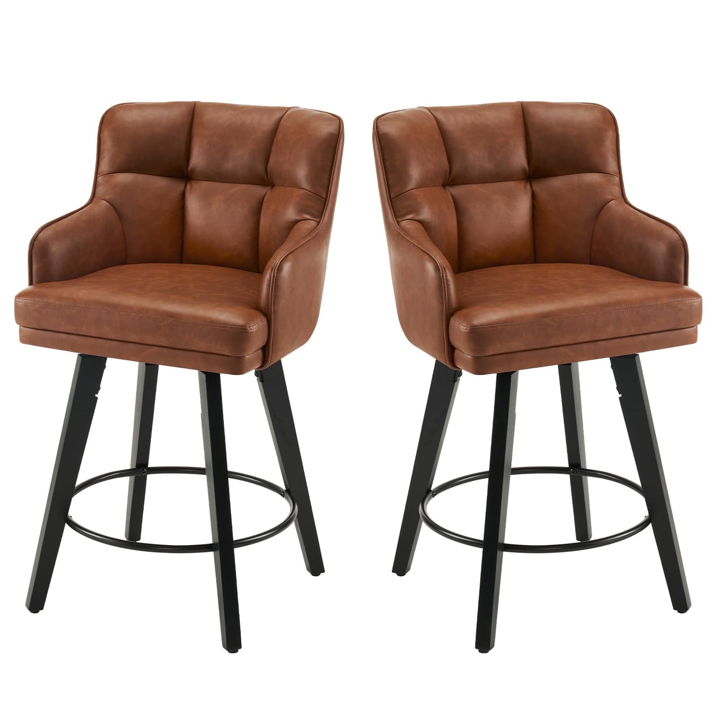 SAECKBERG 360°Swivel Counter Height Bar Stools with Back, 26 inch Solid Wood Legs, Bar Stool Modern Kitchen Island Chairs, Faux Leather (Brown- Faux Leather, 26" H- Set of 2)